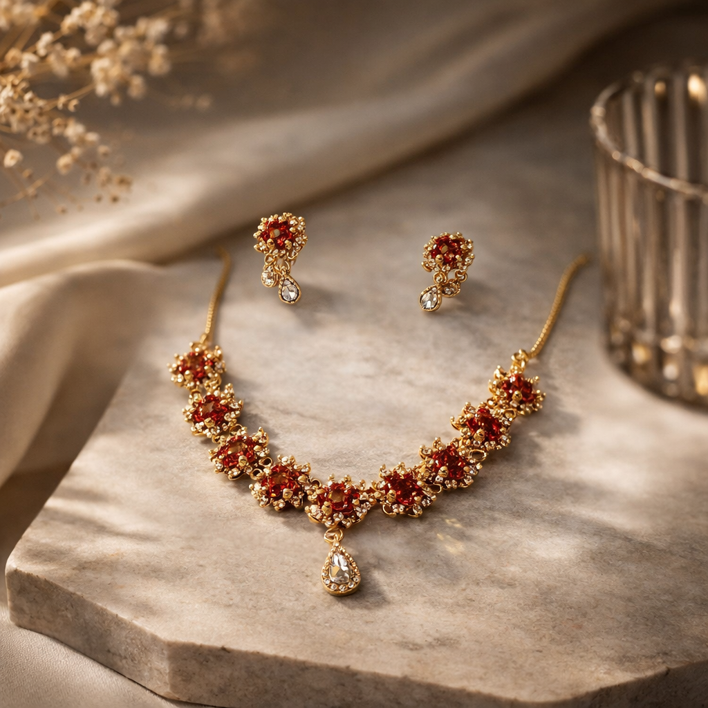 Evara™ Royal Ruby Floral Necklace Set (2-Piece)