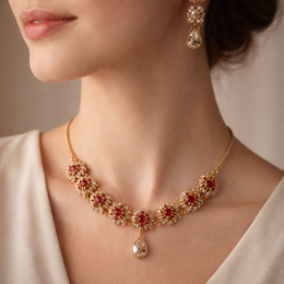 Evara™ Royal Ruby Floral Necklace Set (2-Piece)